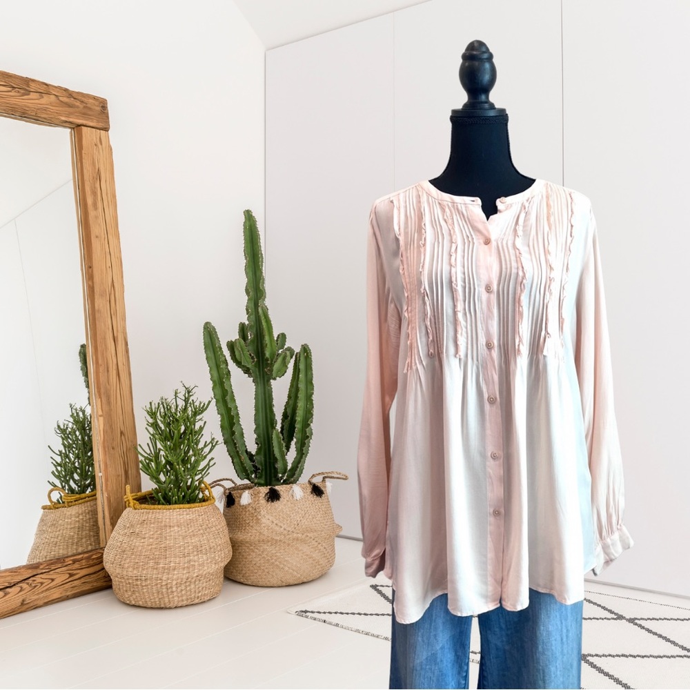 Sundance Long Sleeve Button Down Pleated Ruffle Front Top